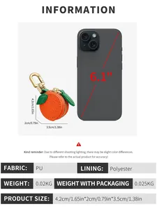 Mini orange coin purse keychain with PU leather fabric and golden metal hardware details