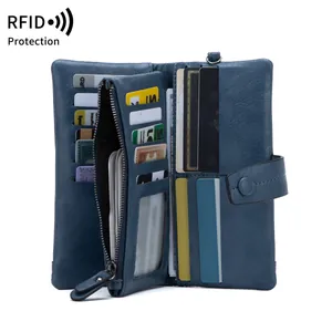 Women's long blue RFID wallet with pebble leather texture, zip pocket and multi-card slots