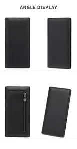 Detail view of black lychee leather RFID wallet featuring slim design and smooth zipper pocket