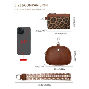 Fashionable wristlet set with leopard print purse and brown leather pouch with size guide