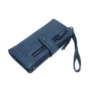 Grey-blue RFID long trifold wallet for women in litchi grain leather with wrist strap