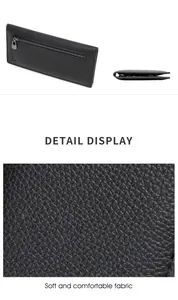 Detail view of the black lychee pattern leather wallet and its ultra-slim side profile