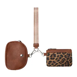 Brown leather pouch and leopard print card holder set with geometric wristlet strap