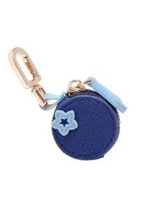 Mini round star coin purse keychain in blue pebble leather with gold carabiner hook
