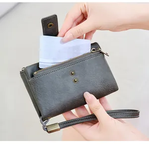 RFID-Schutz Vintage Geldbörse mit Kartenfach, Reißverschluss und praktischer Handschlaufe