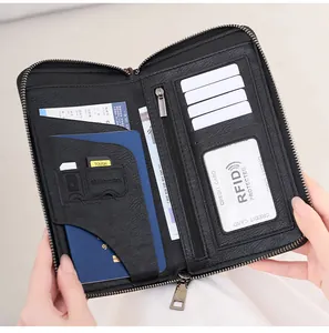 Detail of RFID blocking travel wallet with multiple slots for passport and credit cards