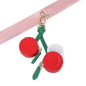 Cute cherry shaped coin purse keychain with red faux leather bags and gold clip accessory