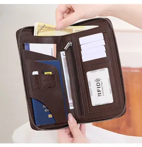 Detail view of RFID protected travel wallet with multiple slots for passport and cards