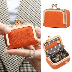 Mini Porte-monnaie en Cuir Véritable Cuir de Vache Grain de Litchi Sac à Bijoux Vintage Or Métal Fermoir Baiser Petite Pochette Rouge à Lèvres Accessoires Femme