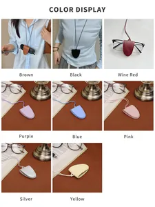 Collage showing portable faux leather magnetic eyewear holders in eight distinct colors