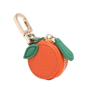Cute mini orange fruit coin purse keychain with orange PU leather and gold metal hook