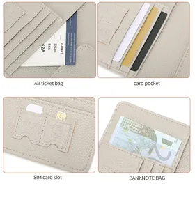 Detail view of RFID passport holder featuring card slots and ticket pockets in grey leather