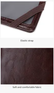 Close-up of brown litchi grain leather texture and durable elastic strap on passport holder
