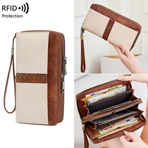 Brown and beige RFID leather long wallet with double zipper and wrist strap for women