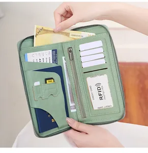 Detail view of RFID blocking passport wallet interior with multiple slots and card pockets