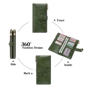 Green long women's wallet with dual zippers, large capacity multi-card slots and 360 view