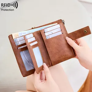 Vintage RFID-Schutz Geldbörse aus braunem Leder mit vielen Kartenfächern und Reißverschluss