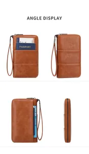 Brown RFID travel wallet angles showing荔枝纹 synthetic leather texture and card slots