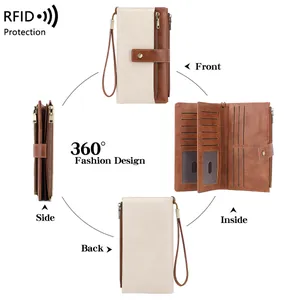 Portafoglio lungo da donna RFID in pelle bicolore con cinturino e scomparti per carte