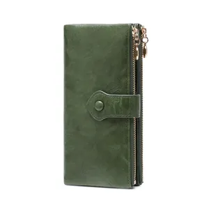 Deep green long oil wax leather wallet for women with double zippers and snap buckle