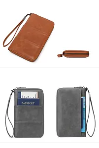 Detail view of large capacity RFID travel wallet with passport slots and wrist strap
