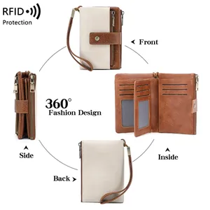 RFID Damen Geldbörse in Beige mit braunem Rand, faltbar und mit vielen Kartenfächern