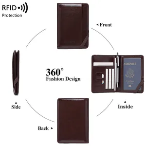 Brown RFID blocking passport holder wallet with multi-angle views and internal card slots