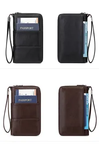 Detail view of large capacity RFID passport wallets in black and brown leather finish