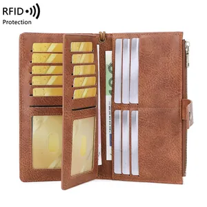 Portafoglio lungo marrone da donna con protezione RFID e slot multipli per carte di credito