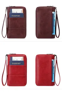 Front and back views of red RFID leather travel passport wallet with wrist strap