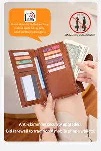 Λεπτομέρεια καφέ πορτοφολιού RFID με πολλές θέσεις καρτών και θήκη για χαρτονομίσματα