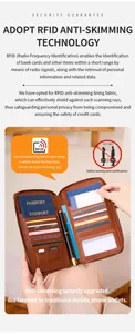 Internal view of brown RFID leather passport holder with multi-card slots and pen holder