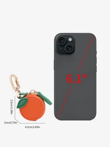 Dimensions du mini porte-monnaie orange comparées à un téléphone avec mesures précises