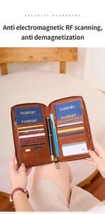 Interior detail of RFID blocking brown leather travel wallet with passport and card slots