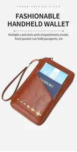 Brown leather travel wallet featuring RFID protection, airplane decor, and passport slot