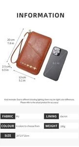 Brown PU leather travel wallet with RFID protection showing dimensions 20x13x2.5cm