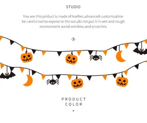 Detalle de colgantes de Halloween en cuero con motivos de calabaza y araña en naranja y negro
