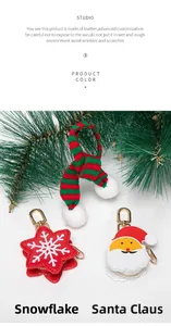 Macro detail of leather Santa Claus and snowflake keychain with gold metal zipper