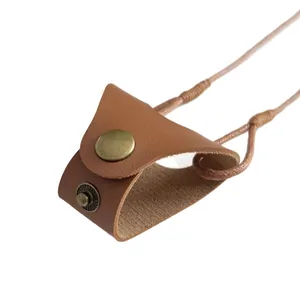Brown PU leather travel glasses case with vintage metal snap button and neck strap