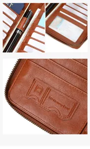 Detail view of brown leather RFID passport holder with SD card slots and pen holder