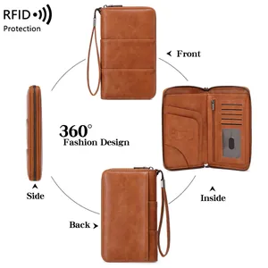 Brown vintage RFID passport wallet with multiple card slots and zipper closure