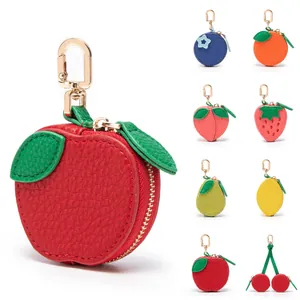 Fruit-shaped mini leather coin purse pendants with gold zippers and metal hooks