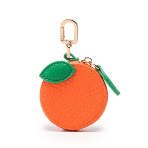 Mini porte-monnaie créatif en forme d'orange en cuir grainé avec porte-clés doré chic