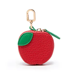 3D apple shaped red leather coin purse keychain with green leaf and gold zipper