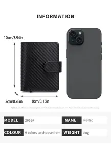 Portefeuille RFID en carbone comparaison de taille avec mobile et dimensions 10x8x2cm