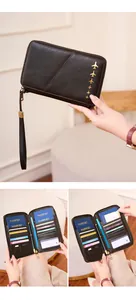 Detailed views of brown leather RFID passport wallet with multiple card slots and pen holder