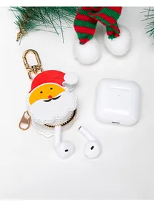 Close-up of Santa Claus PU leather earphone case with golden metal clip and zipper