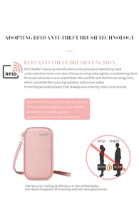 Detail view of pink RFID blocking passport neck pouch with anti-theft protection layers