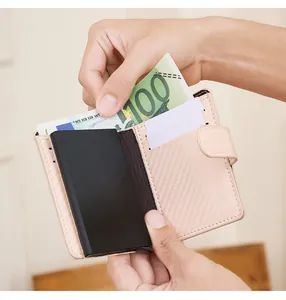 Portefeuille RFID carbone rose avec étui carte aluminium et fente pour billets