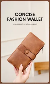 Detail view of large capacity caramel brown leather wallet with RFID blocking and card slots